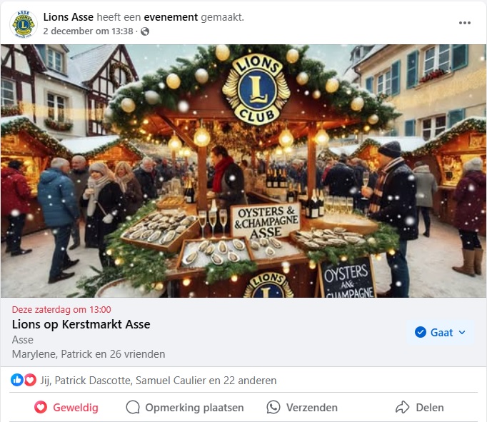 Lions Club Asse met oesters op Kerstmarkt Asse zaterdag 14 december 2024