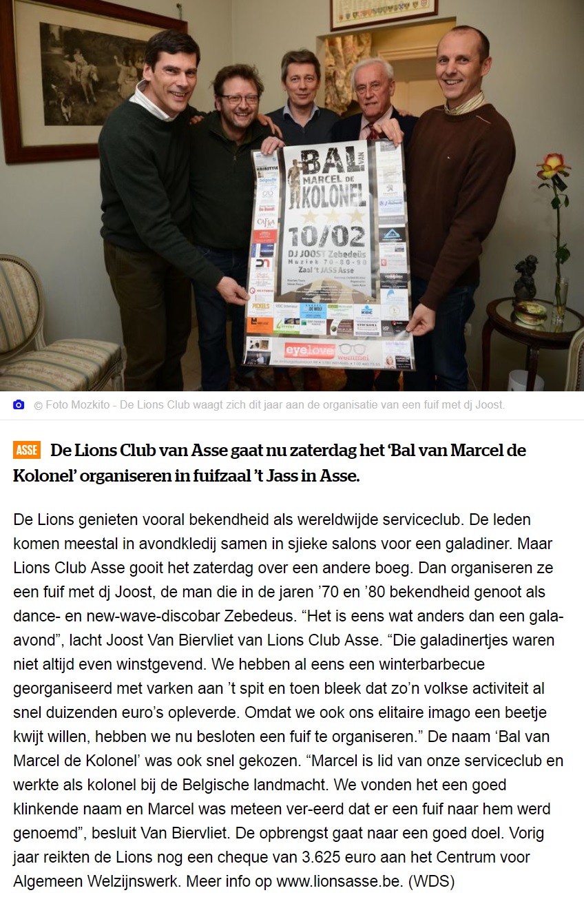 Publicatie in Het Laatste Nieuws, regio Asse: De Lions Club van Asse gaat nu zaterdag het 'Bal van Marcel de Kolonel' organiseren in fuifzaal 't Jass in Asse