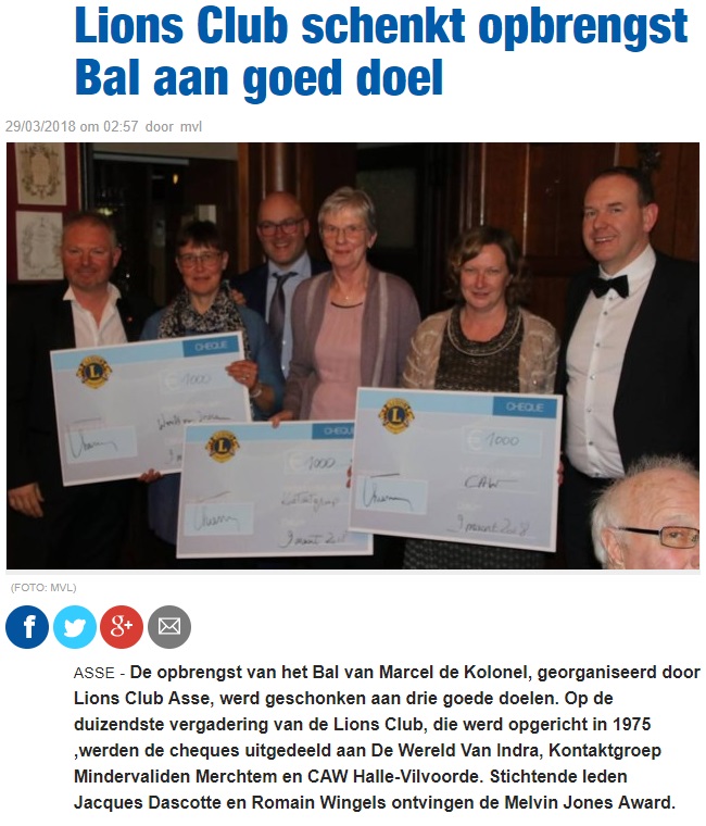 Publicatie in Het Nieuwsblad, regio Asse: Lions Club schenkt opbrengst Bal aan goed doel