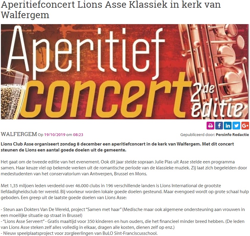 Persbericht in Persinfo.org, 19 oktober 2019, Aperitiefconcert Lions Asse Klassiek in kerk van Walfergem