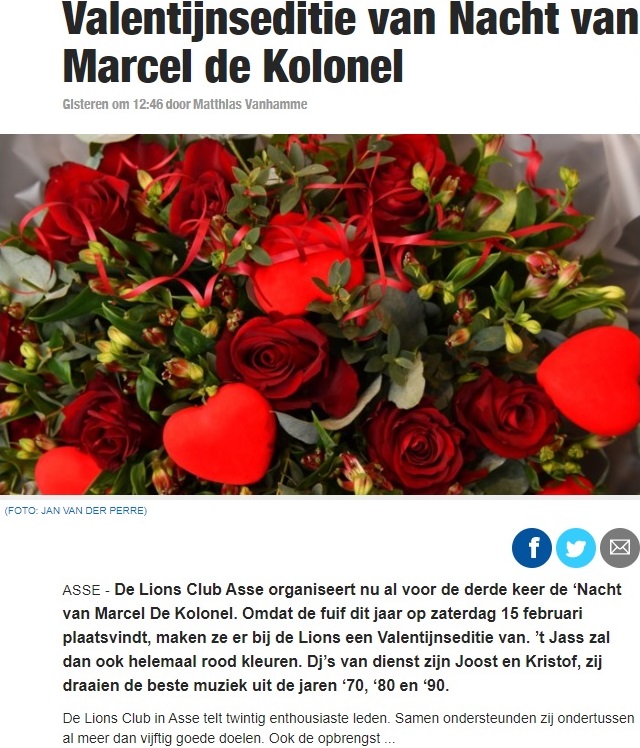 Persbericht op Nieuwsblad.be, 11 februari 2020, Valentijnseditie van Nacht van Marcel de Kolonel
