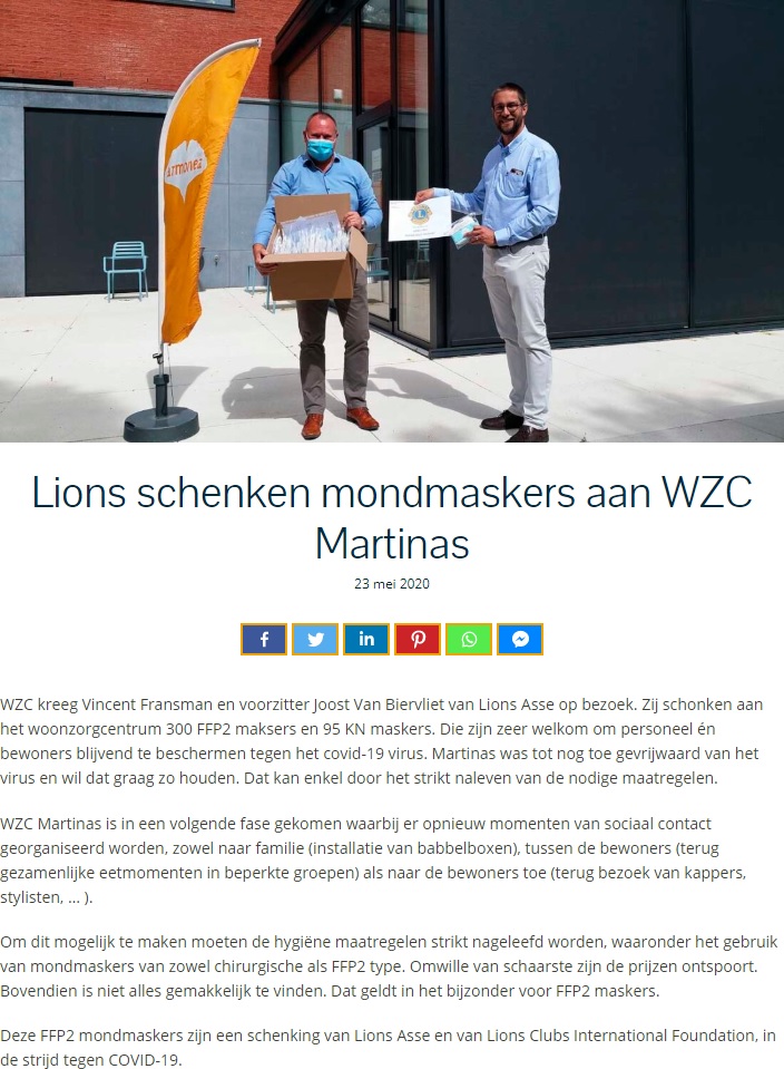 Persbericht op Goeiedag.be – 23 mei 2020 – Lions schenken mondmaskers aan WZC Martinas