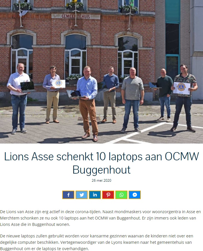 Persbericht op Goeiedag.be – 26 mei 2020 – Lions Asse schenkt 10 laptops aan OCMW Buggenhout