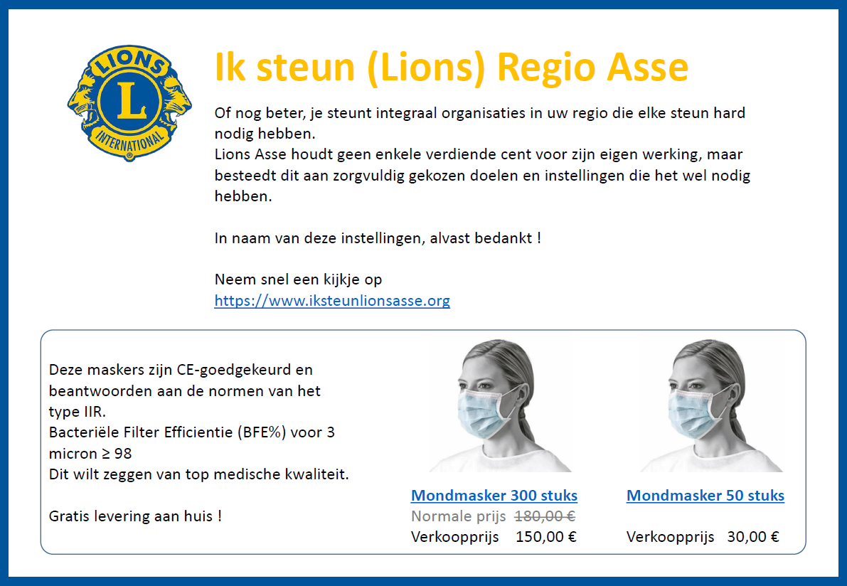 Bericht in Goeiedag magazine (17 september 2020) Ik steun (Lions) Regio Asse - Verkoop neusmondmaskers