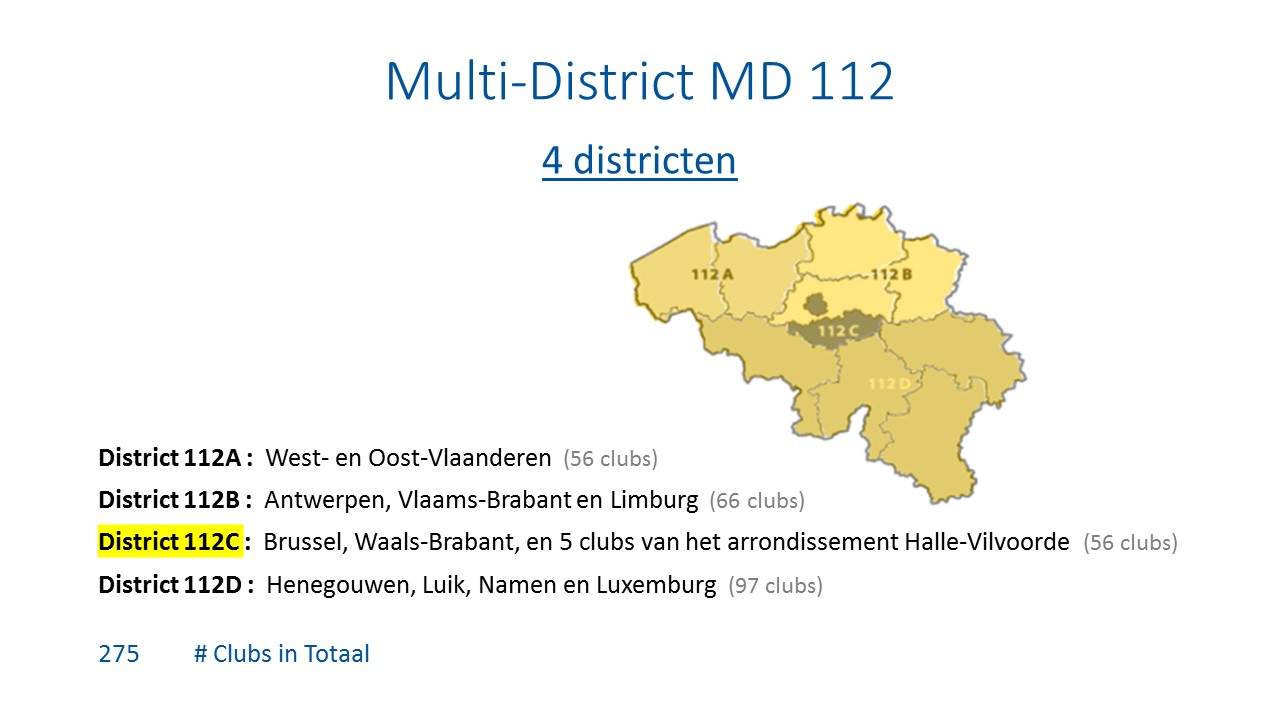 4 districten. District 112A: West- en Oost-Vlaanderen (56 clubs) / District 112B: Antwerpen, Vlaams-Brabant en Limburg (66 clubs) / District 112C: Brussel, Waals-Brabant, en 5 clubs van het arrondissement Halle-Vilvoorde (56 clubs) / District 112D: Henegouwen, Luik, Namen en Luxemburg (97 clubs). 275 clubs in totaal.