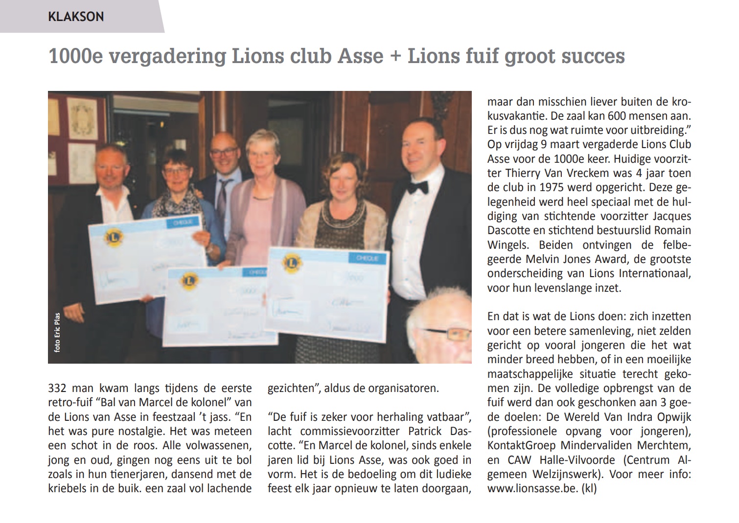 Persbericht in Klakson - Regio Asse (13.400 ex.): 2018-03-29 (Klakson) 1000e vergadering Lions club Asse + Lions fuif groot succes