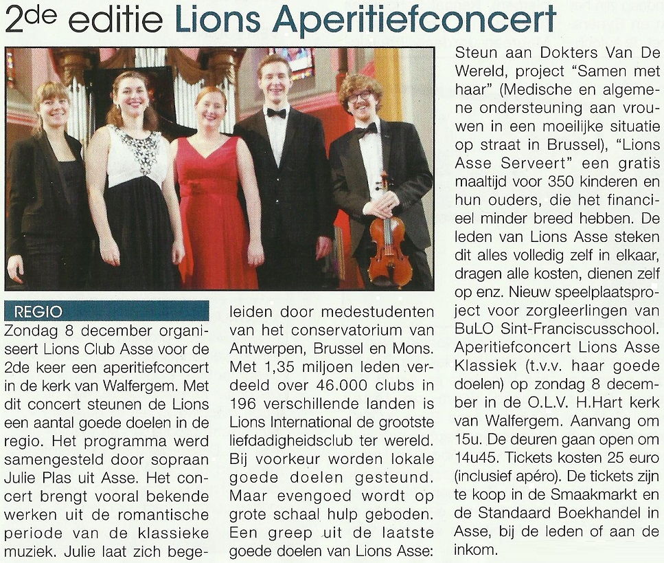 Persbericht in Goeiedag magazine, 30 oktober 2019, 2de editie Lions Aperitiefconcert