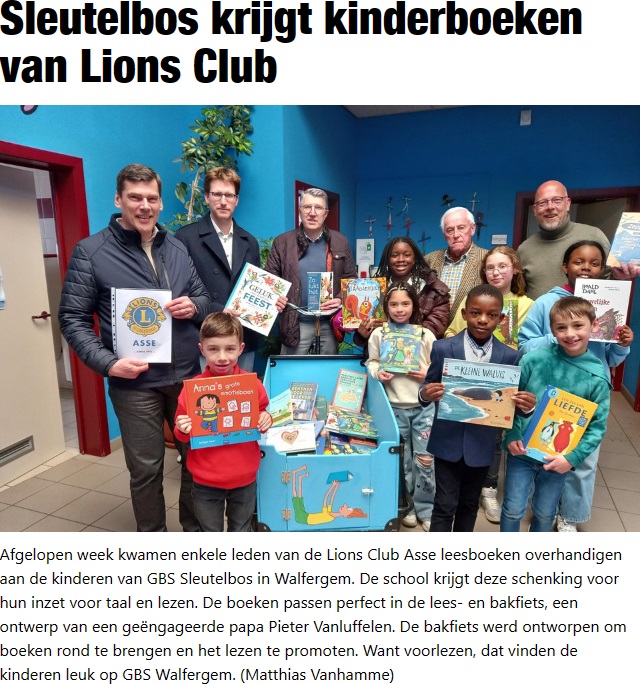 Persbericht in het Nieuwsblad (2023-04-27) Sleutelbos krijgt kinderboeken van Lions Club