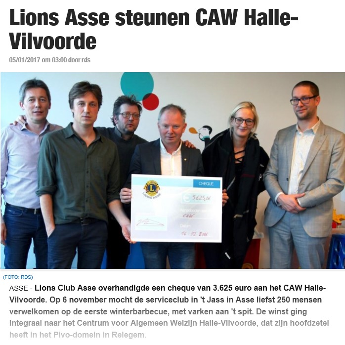 Publicatie in het Nieuwsblad: Lions Asse steunen CAW Halle-Vilvoorde